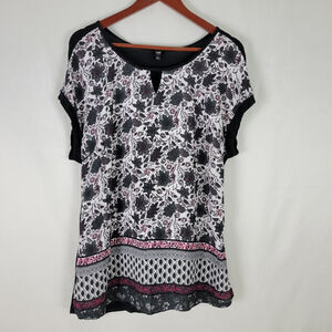 Lee Shirt Womens‎ Large Black Top Multicolor Floral Short Sleeve Round Neck